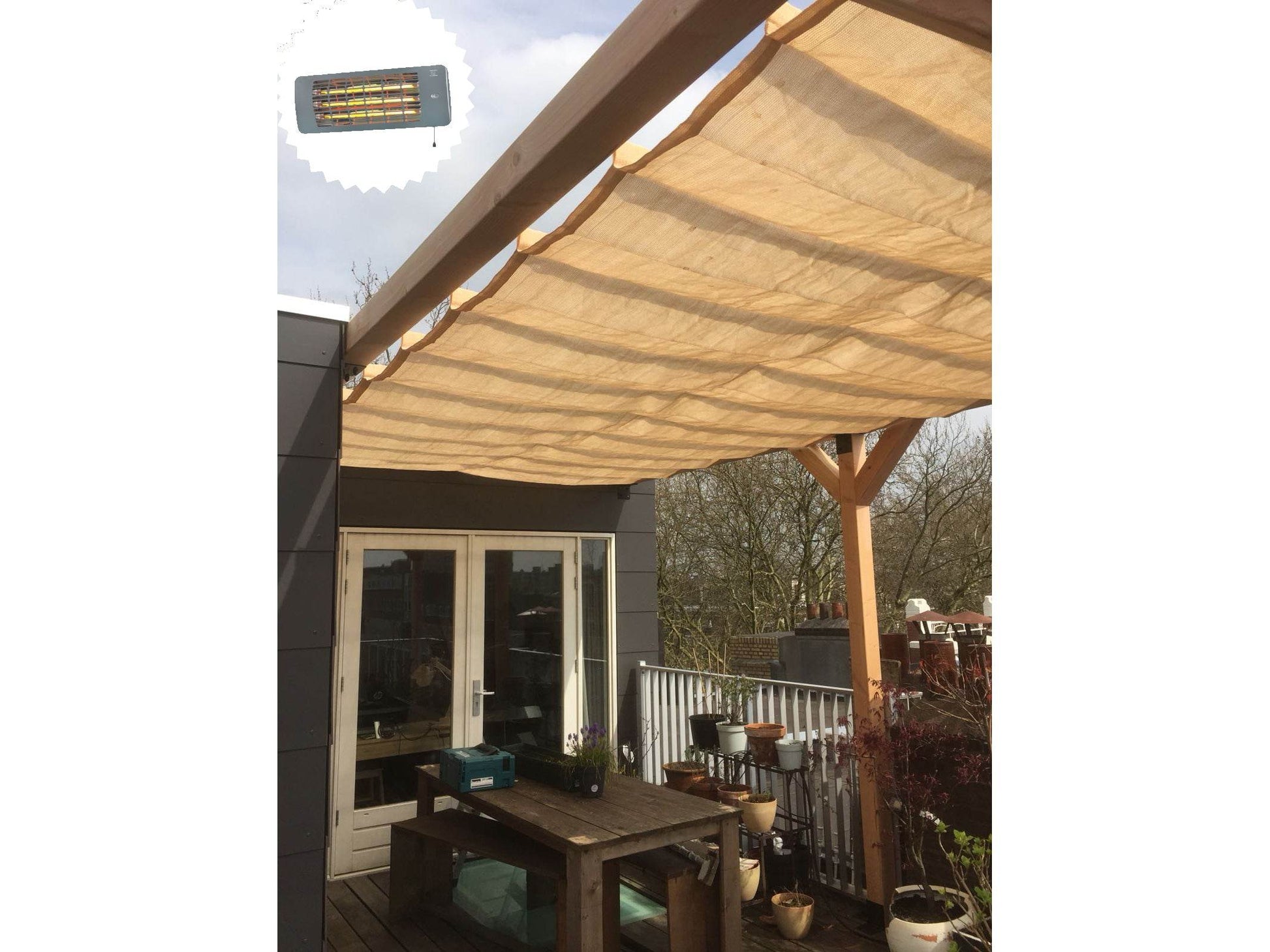 Harmonicadoek waterproof (waterdicht) beige (cream) + materialen en terrasheater